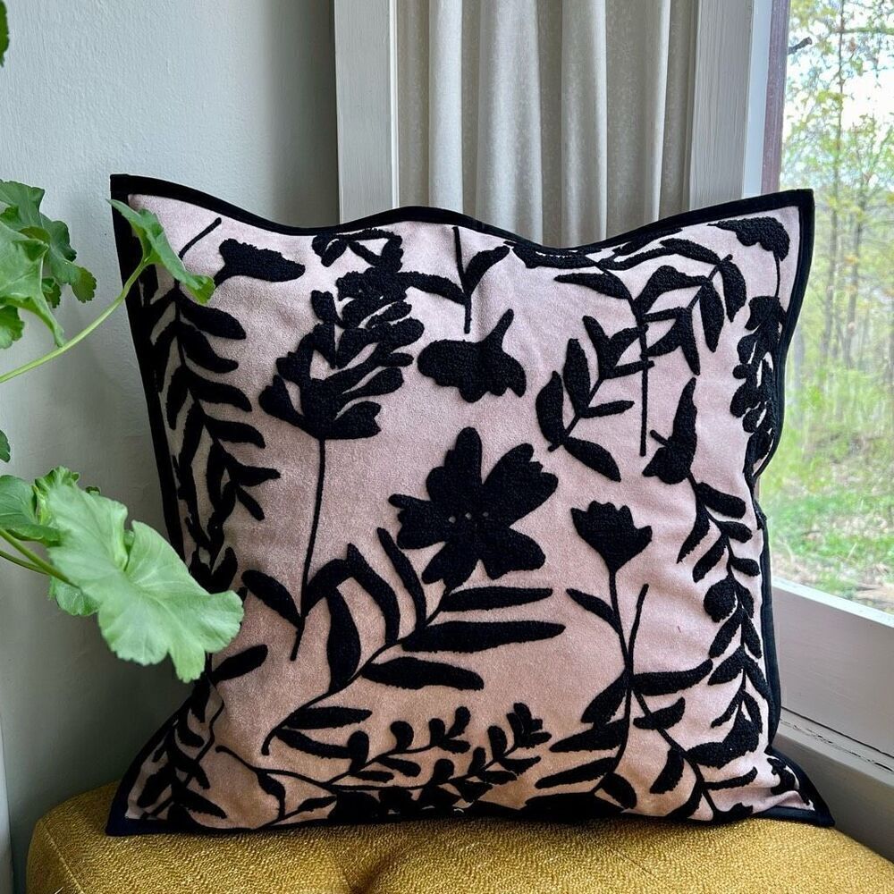 Pink and Black Embroidered Luxury Tufted Pillow Cover